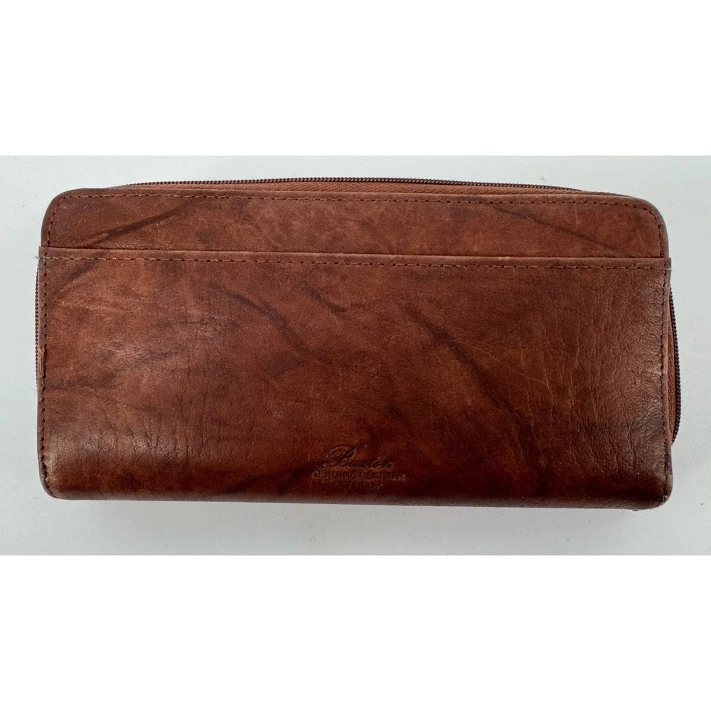 Buxton Heiress Checkbook Wallet Crunch Leather Zip Around Brown ID Window